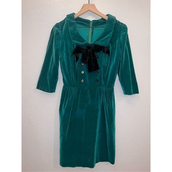 Peter-Pam Green Velvet Twee Midi Sailor Button Down Dress - Picture 1 of 3